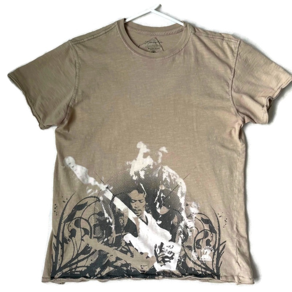 Rock & Roll Religion Jimi Hendrix Men's Tan Based Graphic Tee Size Medium